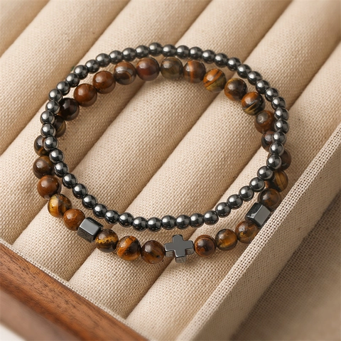Natural Stone Beaded Bracelet Cross Charm Tiger Eye Lava Stone Alloy Beads Retro Elastic Jewelry Men Women