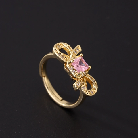 Sweet Pink Zircon Adjustable Ring Copper Gold Plated Bow-knot Heart Geometry Jewelry For Women Elegant Gift