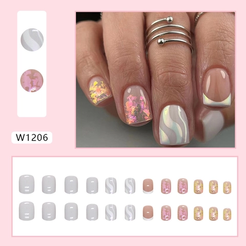 Short Square Press On Nails Aurora Wave Pink White Gradient Wearable Glossy Artificial False Finger Nails For Women