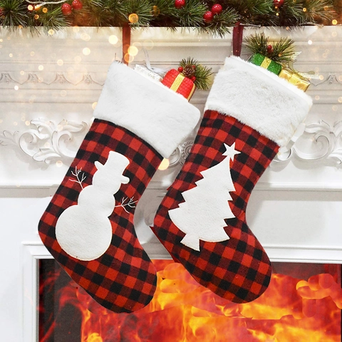 Christmas Stockings Buffalo Plaid Red Black Check White Faux Fur Cuff Snowman Reindeer Snowflake Tree Hanging Gift Bag