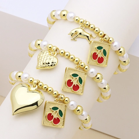Pulsera de Cuentas de Perlas Artificiales de Cobre Chapado en Oro para Mujer Con Dijes de Corazón Toro Cereza Joyería