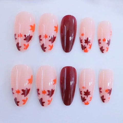 Press On Nägel Mandelform Herbst Ahornblatt Muster Burgund Rot Glänzende Künstliche Fingernägel Für Damen French Style
