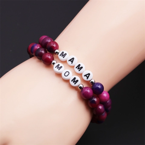 Bracelet Perles Fête Des Mères Pierre Naturelle Teintée Avec Perles Lettres MOM MAMA Style Marbre Rose Violet Femmes