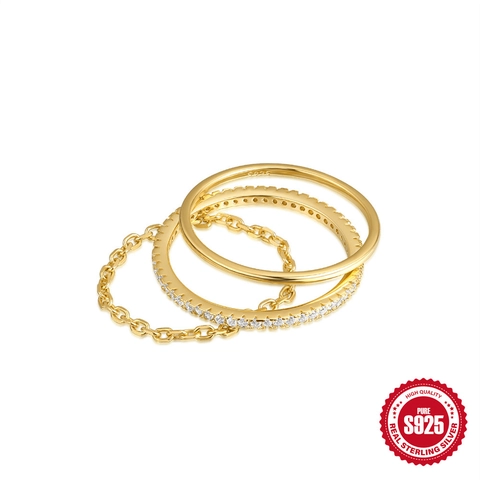 925 Sterling Silver Stackable Rings Gold Plated Minimalist Pave Zircon And Chain Link Dainty Jewelry For Women