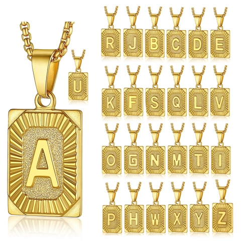 Initial Necklace Gold Plated Stainless Steel Rectangular Alphabet Letter Pendant Box Chain Fashion Jewelry For Men Women
