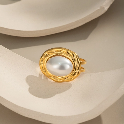 Anello Aperto Vintage Perla Artificial Grande Acciaio Inossidabile Placcato Oro 18K Regolabile Retro Bordo Intrecciato Gioielli Da Donna