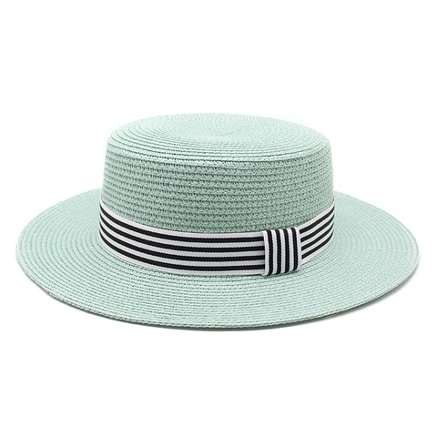 Woven Straw Boater Hat Flat Top Wide Brim Striped Ribbon Summer Beach Sun Protection Vacation Travel Outdoor For Women