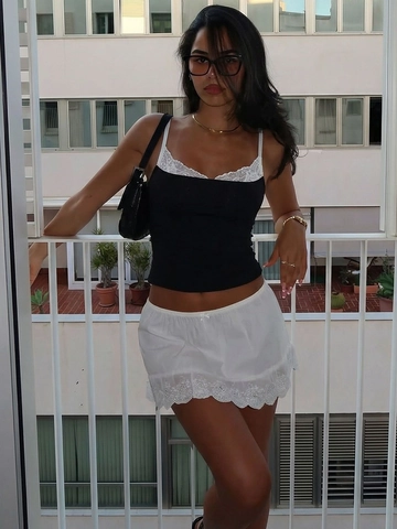 Women Sexy Slim Fit Tank Top White Lace Trim Polyester Spandex Cami Y2K Streetwear Solid Black Crop Top