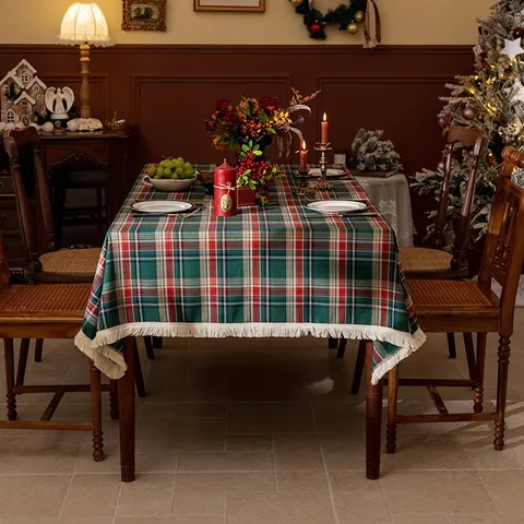 Weihnachts Tischdecke Kariert Polyestergewebe Mit Quasten Britischer Tartan Stil Feiertags Tischdeko Esszimmer Heim