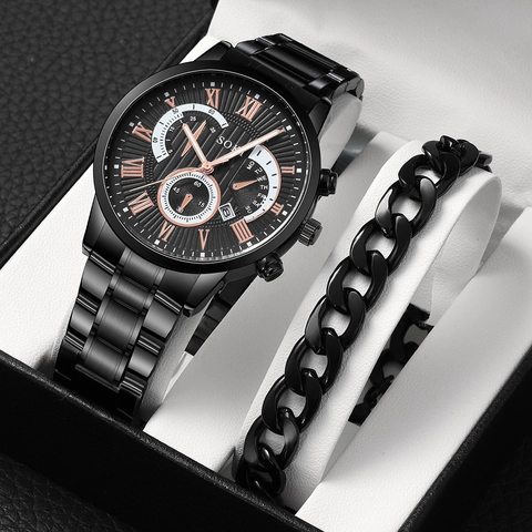 SOKI Set Orologio al Quarzo Business da Uomo Cinturino in Acciaio Inossidabile Numeri Romani Calendario Analogico Con Bracciale