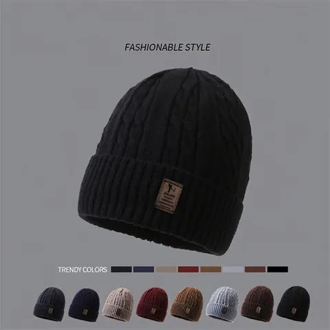 Winter Beanie Hat Polyester Cable Knit Thickened Fleece Lined Warm Outdoor Elastic Folded Cuff Men Women