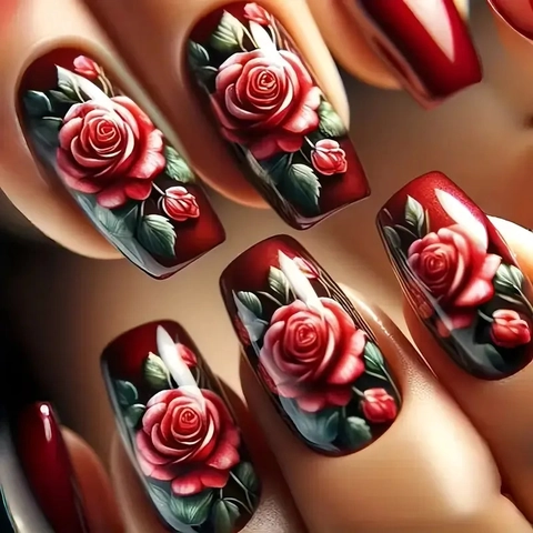 Ongles À Presser Motif Rose Rouge 3D Gaufré Carré Moyen Faux Ongles Dégradé Vin Rouge Brillant Élégant Vintage Femmes