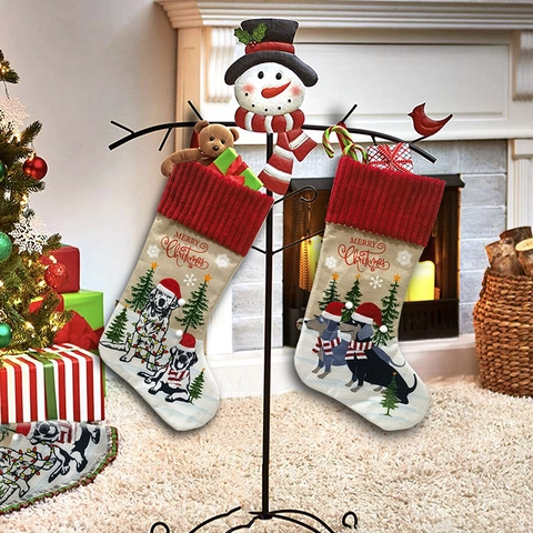 Calze Di Natale Con Motivi Di Cani Misto Lino Polsino In Maglia Merry Christmas Sacchetto Regalo Appeso Decorazione