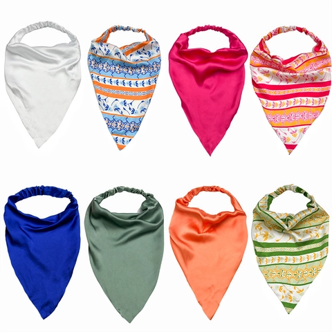 Satin Triangle Headband Scarf Elastic Fabric Hair Band Solid Color Floral Print Geometric Versatile Headwear For Women