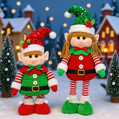 Christmas Elf Dolls Plush Sequin Pointed Hat Long Telescopic Legs Red Green Stripes Holiday Home Decor Desktop Ornament