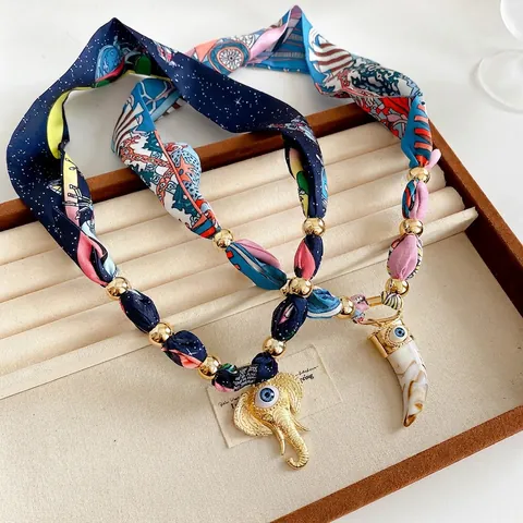 Collana Sciarpa Bohémien Con Ciondolo Elefante Corno Malocchio Tessuto Perle Dorate Gioielli Etnici Per Donne