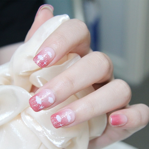 Press On Nails Short Square Shape Gradient Pink White Clouds Glitter Stars Sweet Style Elegant Decorative False Fingernails