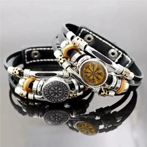 Viking Compass Rune Multi-layer Leather Bracelet Vintage Punk Alloy Wood Bead Glass Adjustable Hand Braided Jewelry Gift