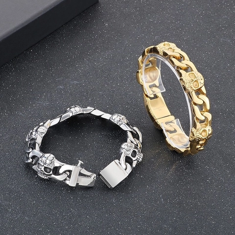 Bracciale A Maglia Cubana Con Teschio In Acciaio Inossidabile 316L Da Uomo Gioielli Punk Gothic Biker
