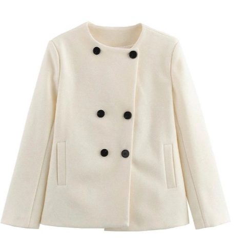 Women Double Breasted Woolen Coat Round Neck Solid Color Long Sleeve Casual Elegant French Style Jacket Outerwear