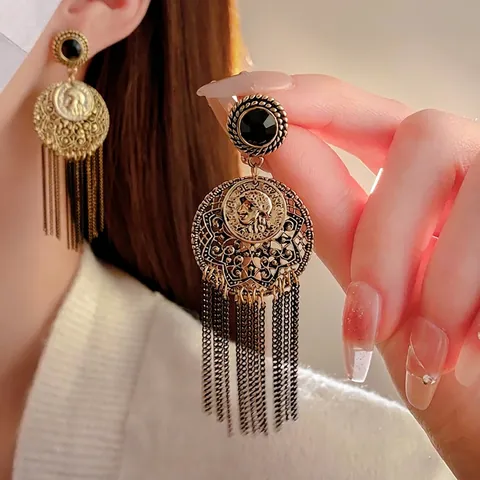 Vintage Tassel Drop Earrings Alloy Black Rhinestone Portrait Coin With Silver Earring Post Bohemian Ethnic Jewelry Women