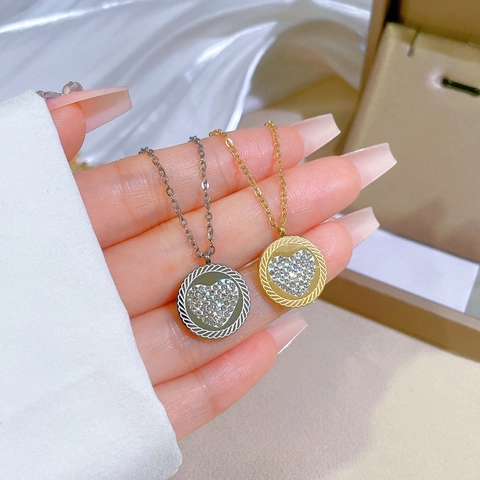 Heart Pendant Necklace Stainless Steel Round Disc Rhinestone Inlaid Clavicle Chain Minimalist Jewelry For Women