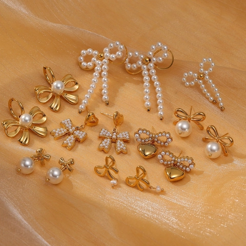 Vintage Gold Stainless Steel Bow Knot Stud Earrings With Artificial Pearl Elegant Heart Jewelry For Women Wedding Party Gift