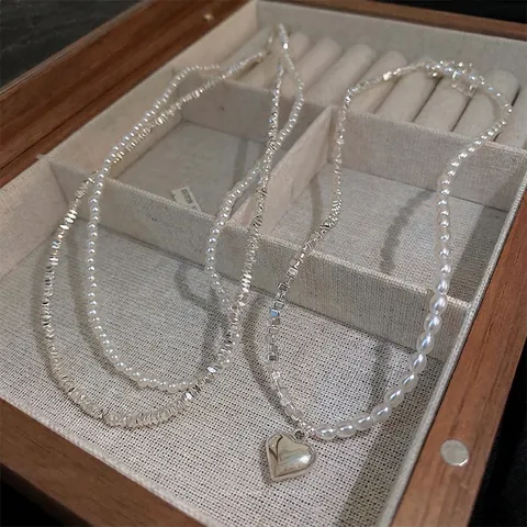 Collier Double Couche Patchwork Künstliche Perles Coeur Pour Femmes Rétro Elégant Pendentif En Cuivre Chaîne Choker Bijoux