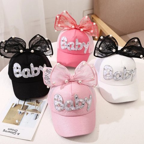 Berretto da Baseball per Ragazze in Stile Coreano Cappello da Sole Traspirante in Rete con Fiocco Grande Perle Artificiali Strass Lettera Bambini