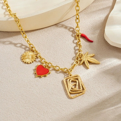 Collana In Acciaio Inossidabile Placcato Oro Vintage Con Pendenti In Smalto Girasole Cuore Foglia Peperoncino Geometrico Per Donna