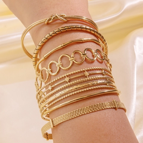 Open Bangle Bracelet For Women 14K Gold Plated Stainless Steel Minimalist Adjustable Cuff Star Bamboo Design Jewelry Gift