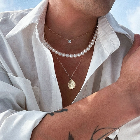 Multi Layered Necklaces For Men With Faux Artificial Pearls And Copper Alloy Chain Embossed Coin Pendant Rhinestone Accessory