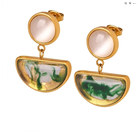 Nuovi Orecchini Pendenti in Stile Cinese Vintage in Resina Verde Con Pietra Occhio di Gatto per Donna Gioielli in Acciaio al Titanio Dorato