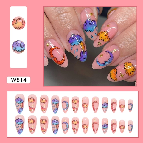 Hand Painted Almond Press On Nails Colorful Cloud Moon Star Gradient Pink False Nails For Women