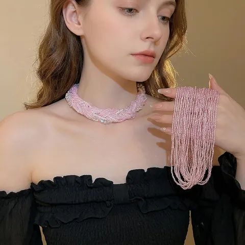 Mehrlagige Geflochtene Künstliche Perlenkette Choker Mit Künstliche Perlenimitat Und Spitzenschleife Süße Elegante Schlüsselbeinkette
