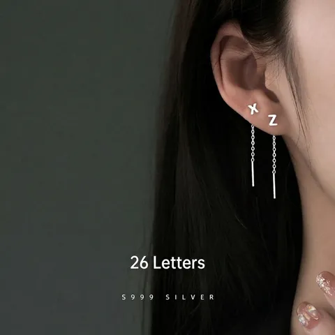 Minimalist S999 Fine Silver Letter Ear Threader Earrings For Women Stylish Alphabet Long Chain Earrings Piercing Jewelry