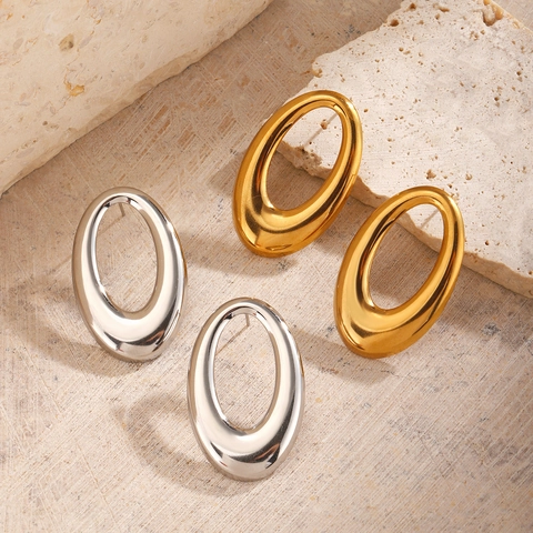 Geometric Oval Stud Earrings Stainless Steel Hollow Exaggerated Hip Hop Punk Style Polished For Women