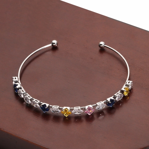 Colorful Cubic Zirconia Copper Cuff Bangle Marquise Square Rainbow Stones Open Adjustable Bracelet Women Elegant Jewelry