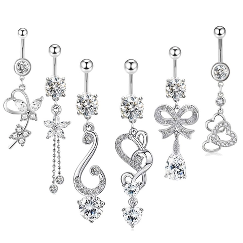 Stainless Steel Belly Button Rings Navel Piercing Jewelry Heart Butterfly Dangle Cubic Zirconia Elegant For Women