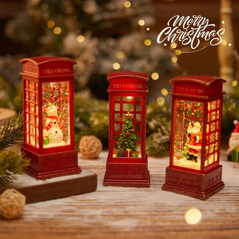 Lanterna A Vento Di Natale LED Luminosa Cabina Telefonica Ornamento Babbo Natale Pupazzo Di Neve Micro Paesaggio Plastica Retrò Arredo