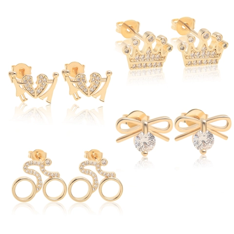 Fashion Heart Bow Crown Stud Earrings 18K Gold Plated Copper AAA Zircon 925 Sterling Silver Earring Post Jewelry Women