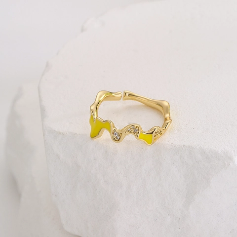 Irregular Wavy Open Ring Copper 18K Gold Plated Colorful Enamel Cubic Zirconia Geometric Adjustable Jewelry For Women
