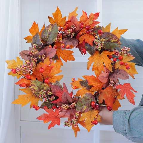 Autumn Maple Leaf Wreath Artificial Berry Harvest Decoration For Front Door Thanksgiving Faux Foliage Home Ornament