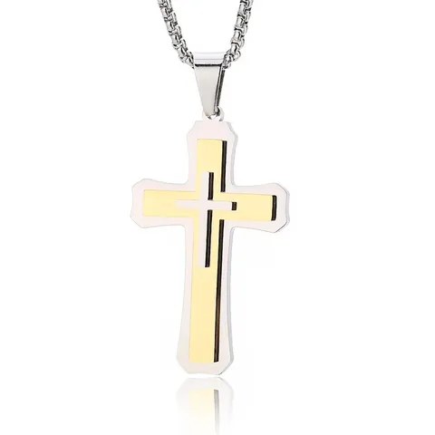Collar Con Colgante De Cruz Para Hombre Acero Inoxidable Capas Doble Capa Joyería Hip Hop Punk Color Oro Plata