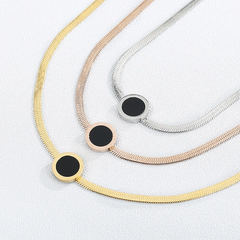 Collana A Catena Di Serpente Piatta In Acciaio Inossidabile Ciondolo Rotondo Con Intarsio Nero Gioielli Minimalisti Per Donne