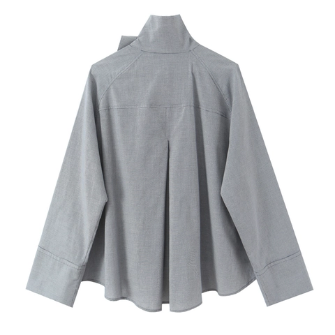 Dames Blouse Met Houndstooth Patroon Lange Mouwen Asymmetrische Sluiting Zak Onregelmatige Zoom Grijs Mode Polyester