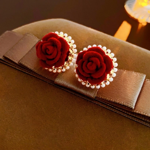 Rose Flower Stud Earrings With Red Velvet And Faux Artificial Pearl Gold Plated Elegant Vintage Jewelry For Women Silver Earring Post