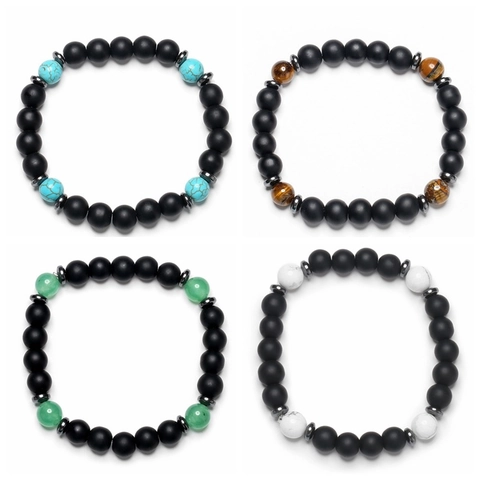 Men Beaded Bracelet Matte Natural Stone Tiger Eye Turquoise Elastic Stretch Ethnic Handmade Jewelry Gift Accessories