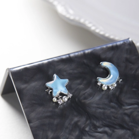 Pendientes de Botón Asimétricos de Cobre con Estrella y Luna Poste de Plata de Ley 925 Perla Artificial Diamantes Imitación