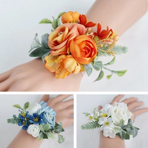 Wedding Boutonniere Wrist Corsage Handmade Satin Rose Flower Groom Bride Groomsmen Bridesmaid Party Prom Elegant Vintage